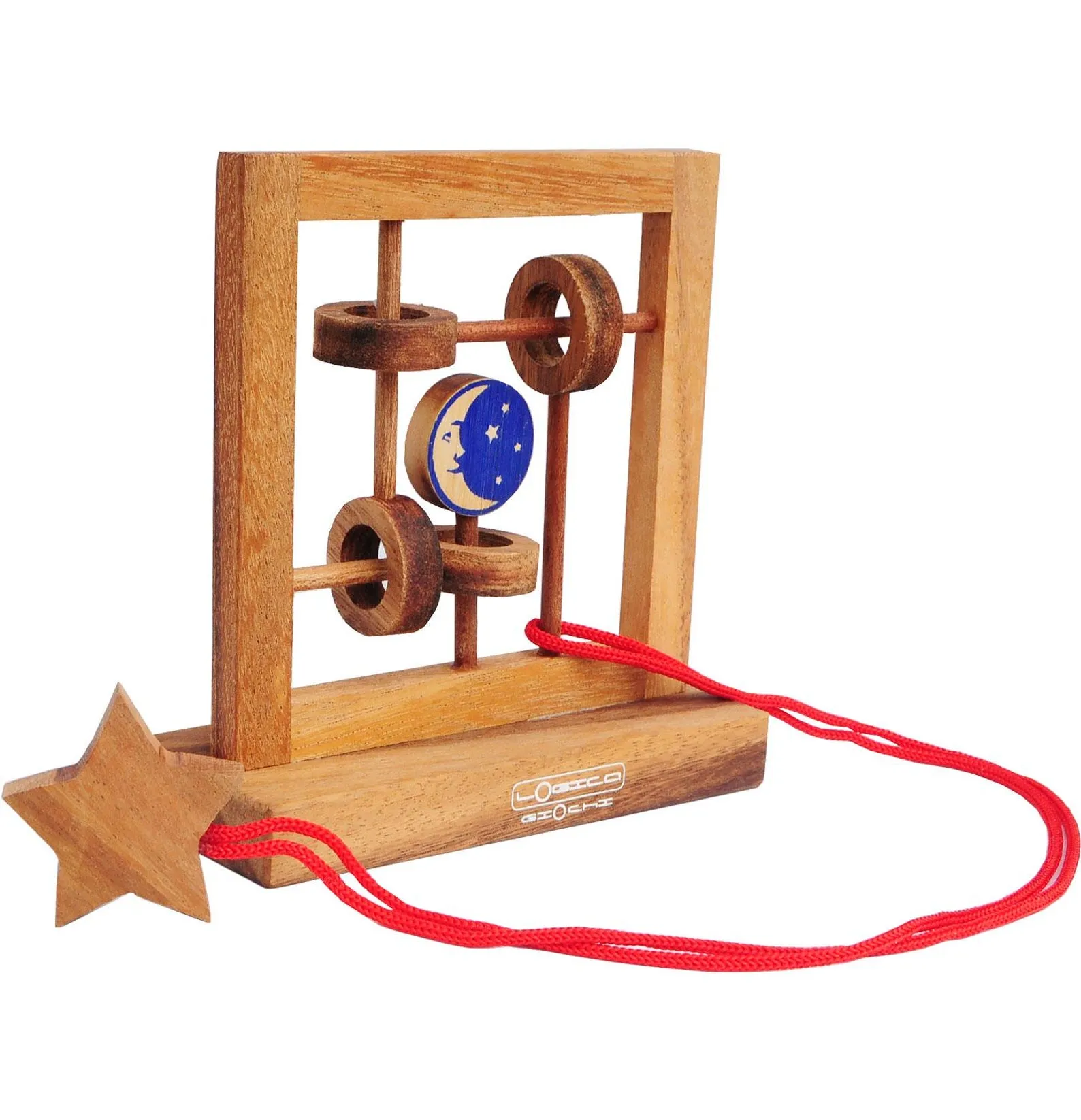 Moon and Star - Brain Teaser in Fine Wood with Ropes - Difficulty 4/6 Extreme - Leonardo da Vinci Collection