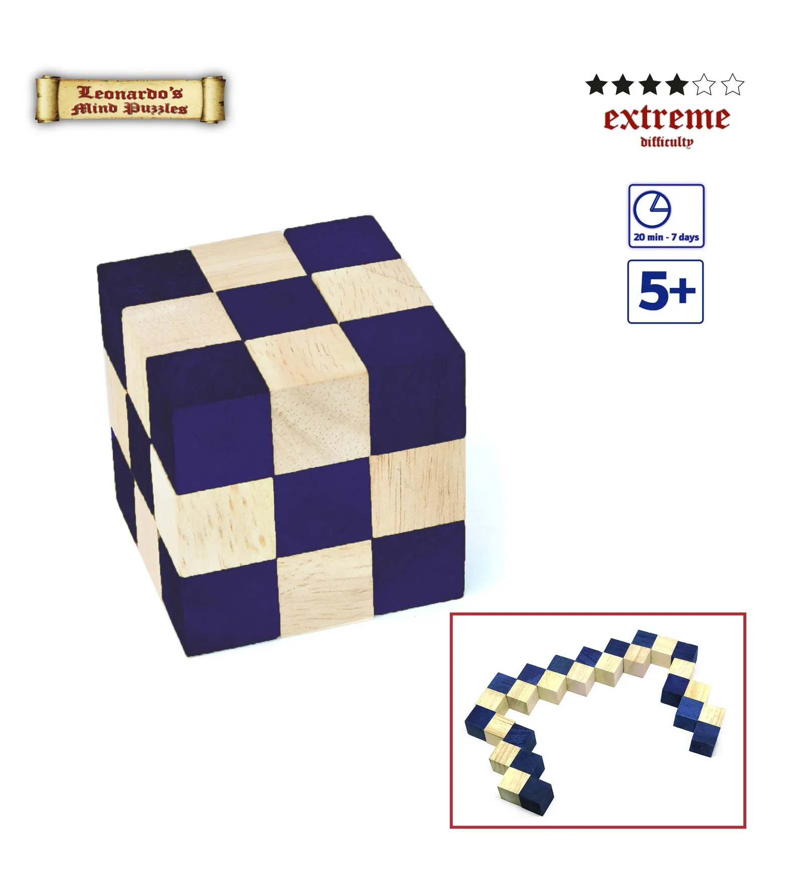 Blue Snake Cube - 3D Wooden Brain Teaser - Difficulty 4/6 Extreme - Leonardo da Vinci Collection - Image 3