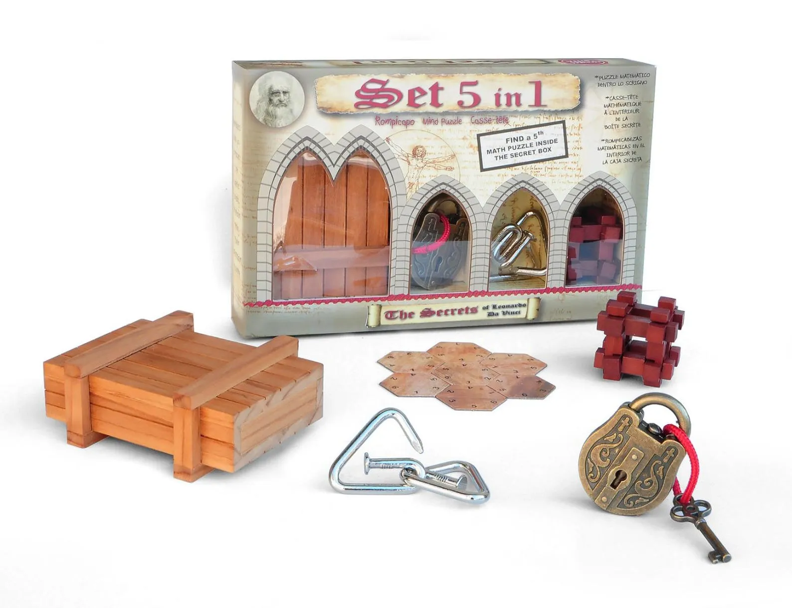 Set 5 in 1 Leonardo - Wooden and Metal Brain Teasers - 2 Wooden Brain Teasers + 2 Metal Brain Teasers + 1 Math Puzzle - Gift Set
