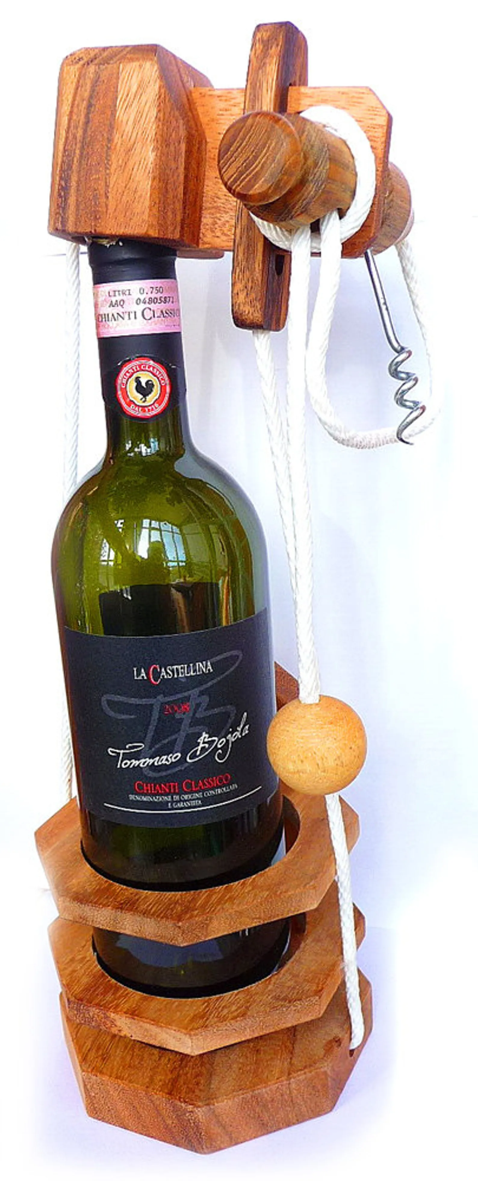 Not For Alcoholics - Bottle Holder Brainteaser in Fine Wood - Difficulty 3/6 Hard - Leonardo da Vinci Collection (Corkscrew)