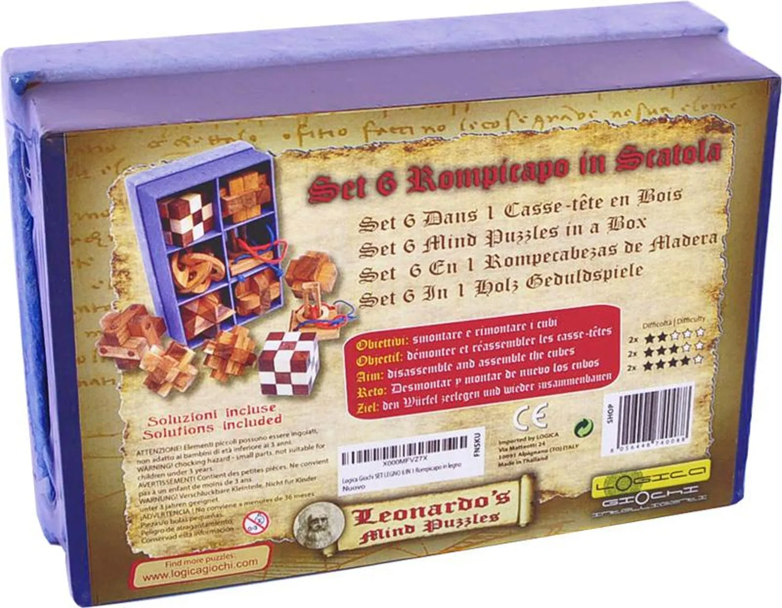 Set 6 in 1 wooden box rise paper - Mixed Difficulties - Brain Teasers Set - Leonardo da Vinci Collection