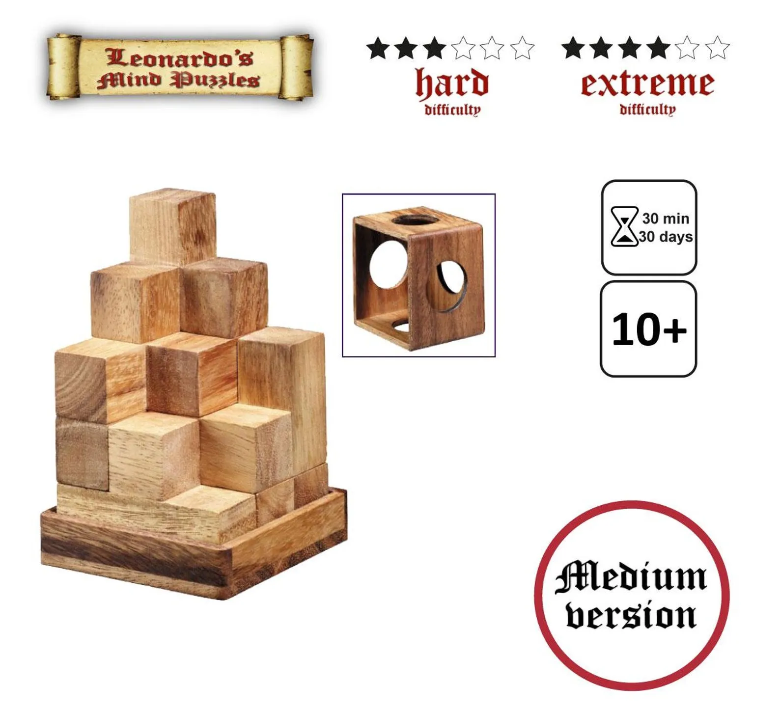 Da Vinci Bricks M, S and double - 3D Wooden Brain Teaser - Difficulty HARD 3/6 + EXTREME 4/6 - Leonardo da Vinci Collection - Image 3